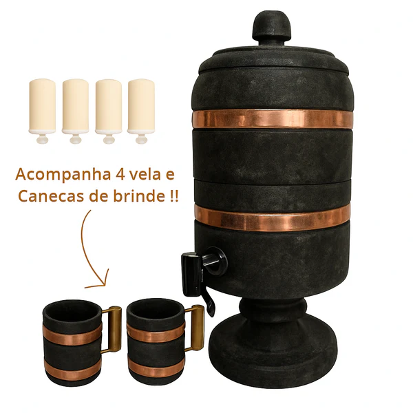 Filtro de Pedra de Sabão + 4 Velas e 2 Canecas