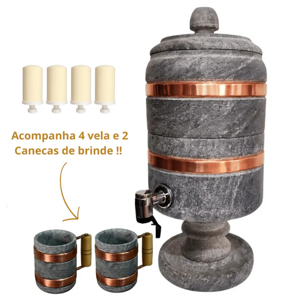 Filtro de Pedra de Sabão + 4 Velas e 2 Canecas