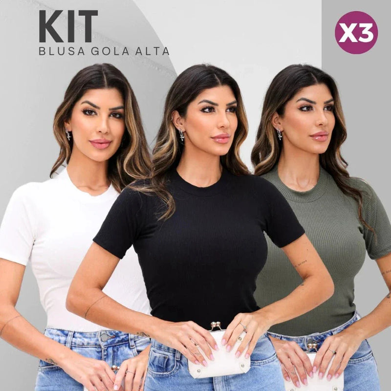 Kit com 3 Blusas Femininas Gola Alta